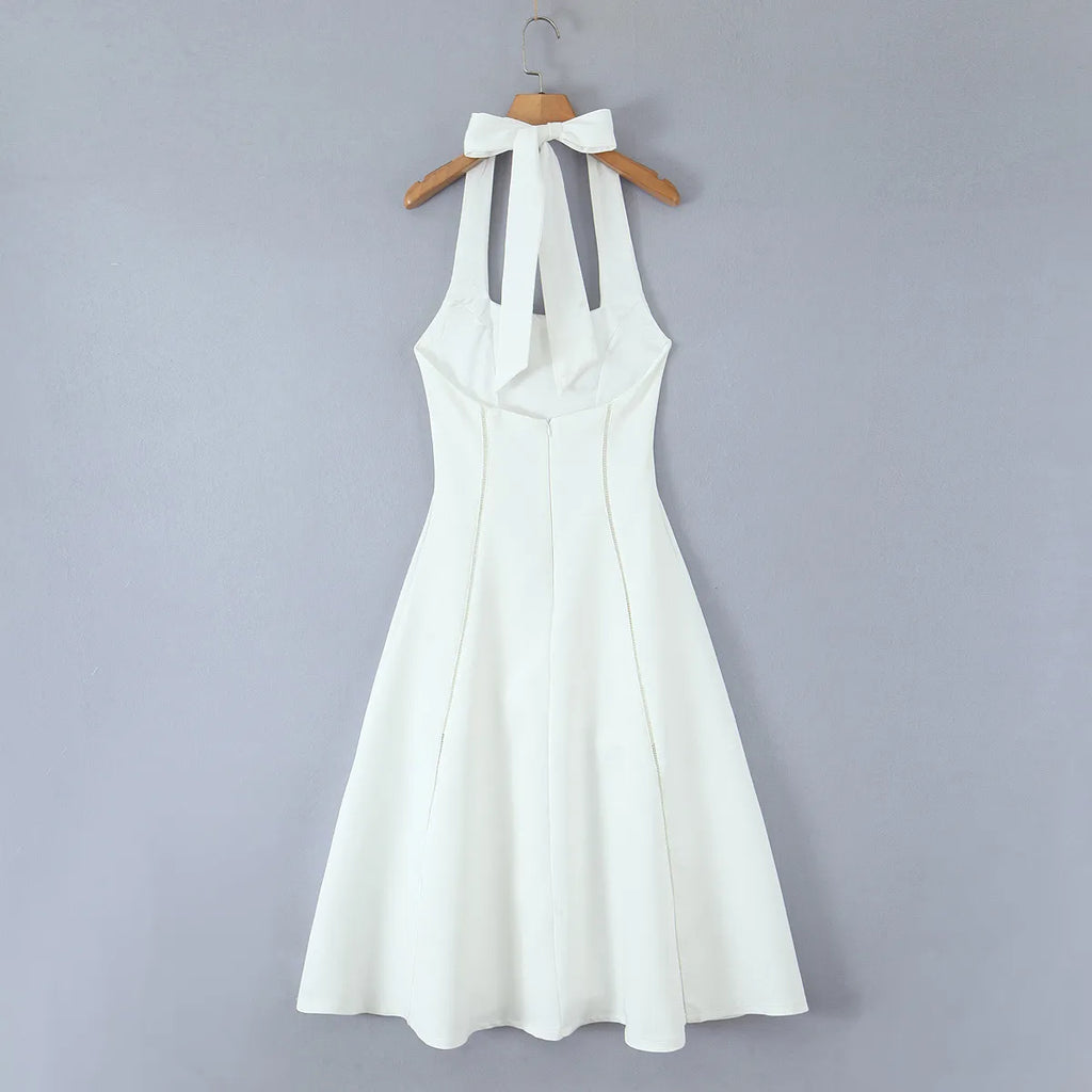 Ivory Sculpted Halter Midi Flare Dress