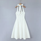 Ivory Sculpted Halter Midi Flare Dress