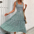 European & American Striped Spaghetti Strap Holiday Dress