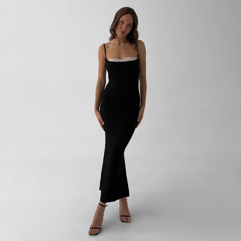 Flore Black Crystal Straps Backless Gown