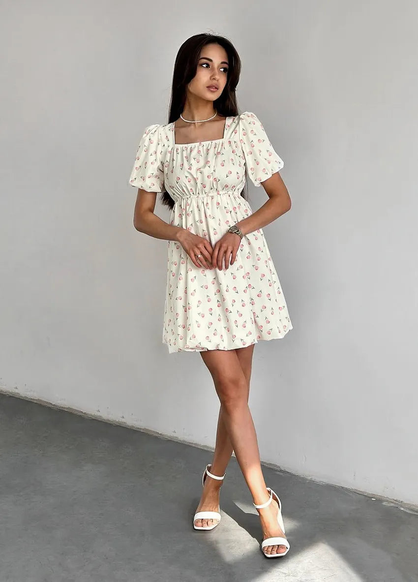 French Elegant Floral Puff Sleeve Dress