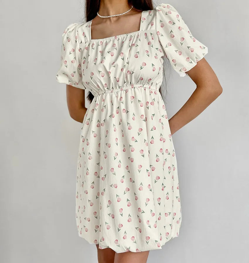 French Elegant Floral Puff Sleeve Dress