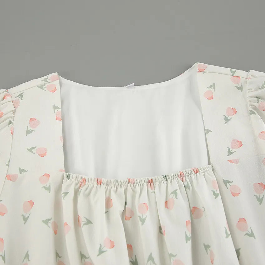 French Elegant Floral Puff Sleeve Dress