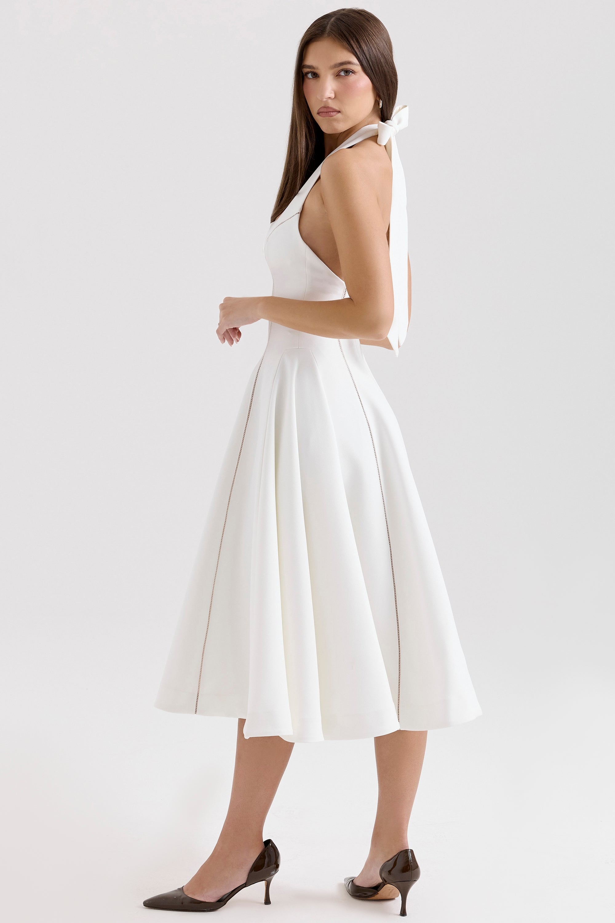 Ivory Sculpted Halter Midi Flare Dress
