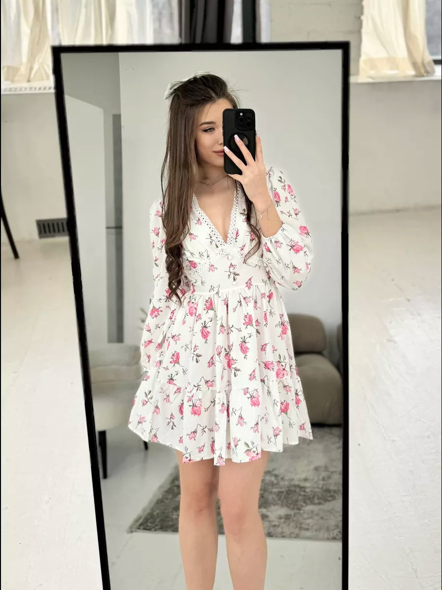Printed V-neck Lace Short Dress