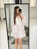 Printed V-neck Lace Short Dress