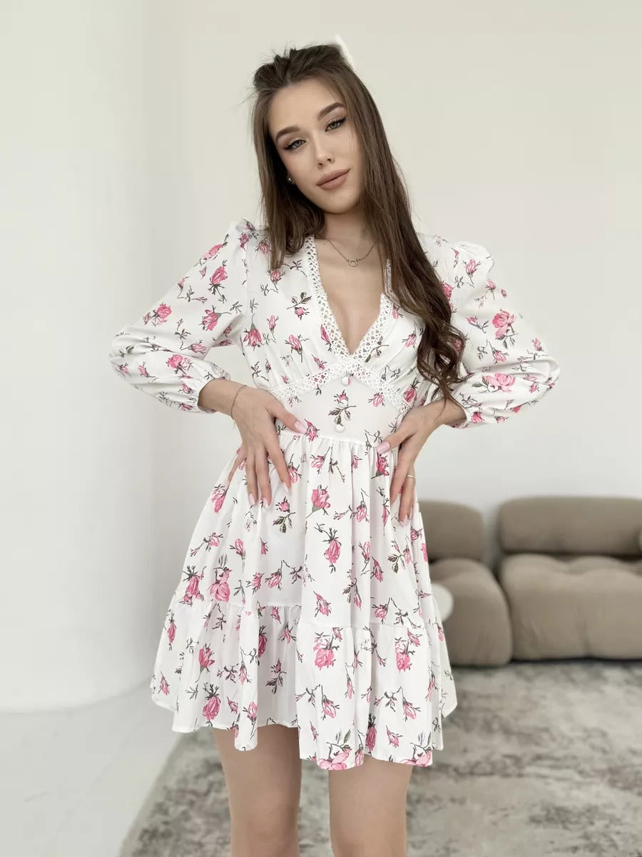 Printed V-neck Lace Short Dress