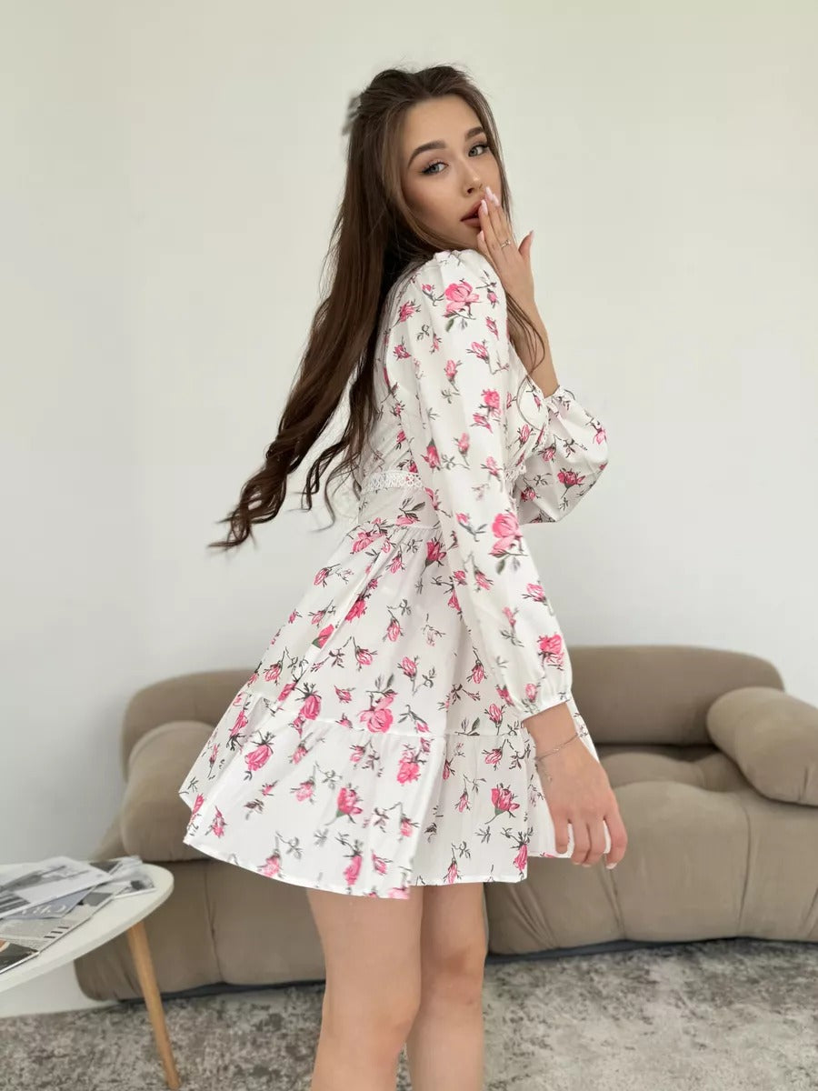 Printed V-neck Lace Short Dress