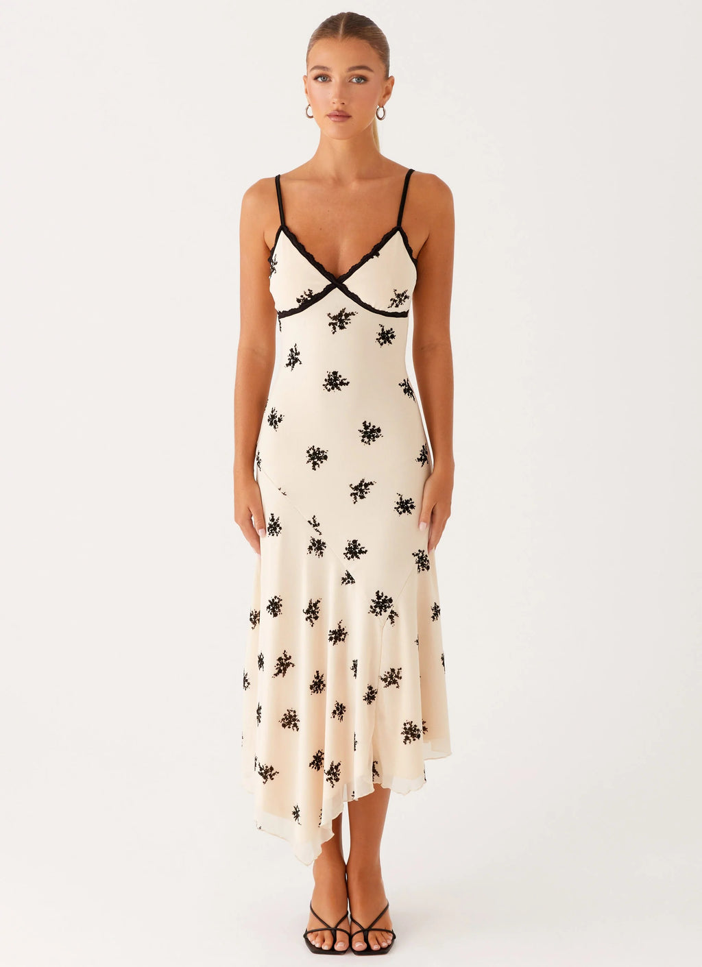Midnight Blossom Cream Silk Slip Dress