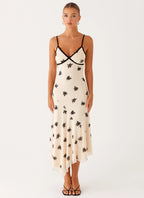 Midnight Blossom Cream Silk Slip Dress