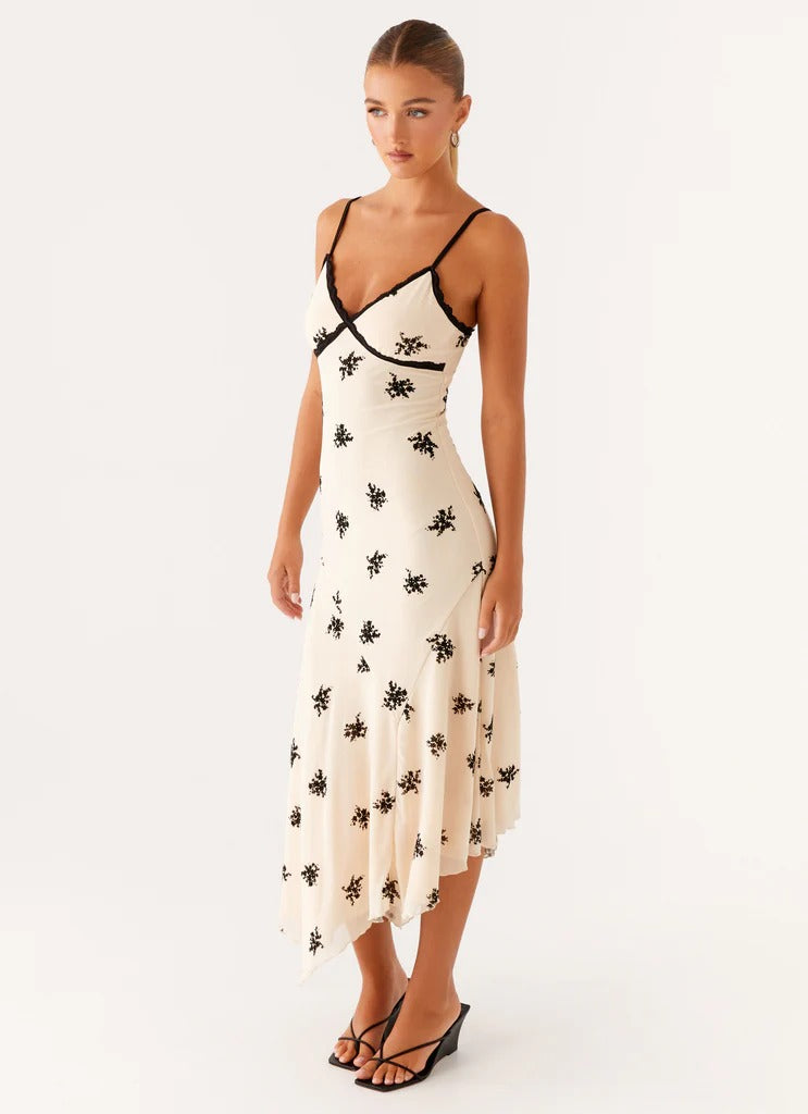 Midnight Blossom Cream Silk Slip Dress