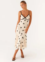 Midnight Blossom Cream Silk Slip Dress