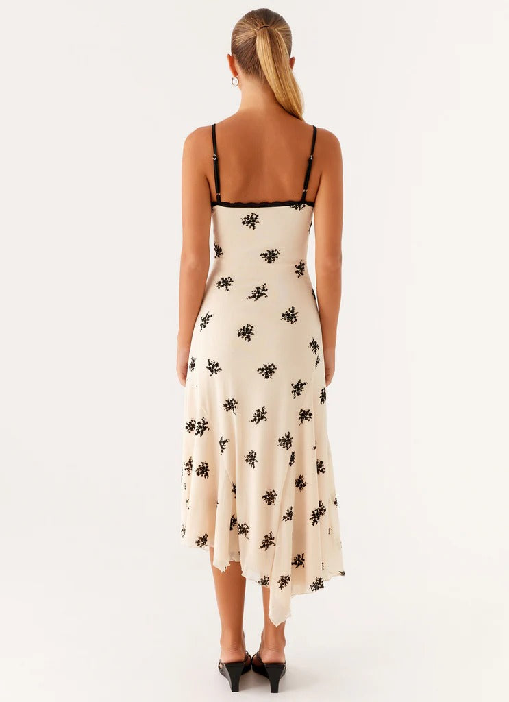 Midnight Blossom Cream Silk Slip Dress