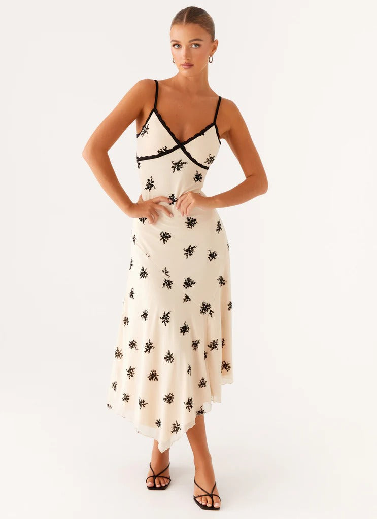 Midnight Blossom Cream Silk Slip Dress