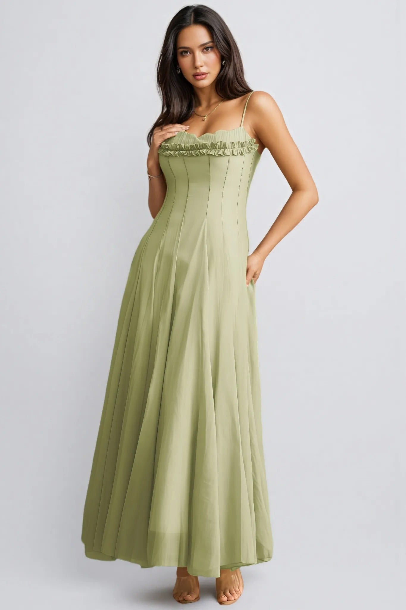 Elegant Sage Green Chiffon Maxi Dress