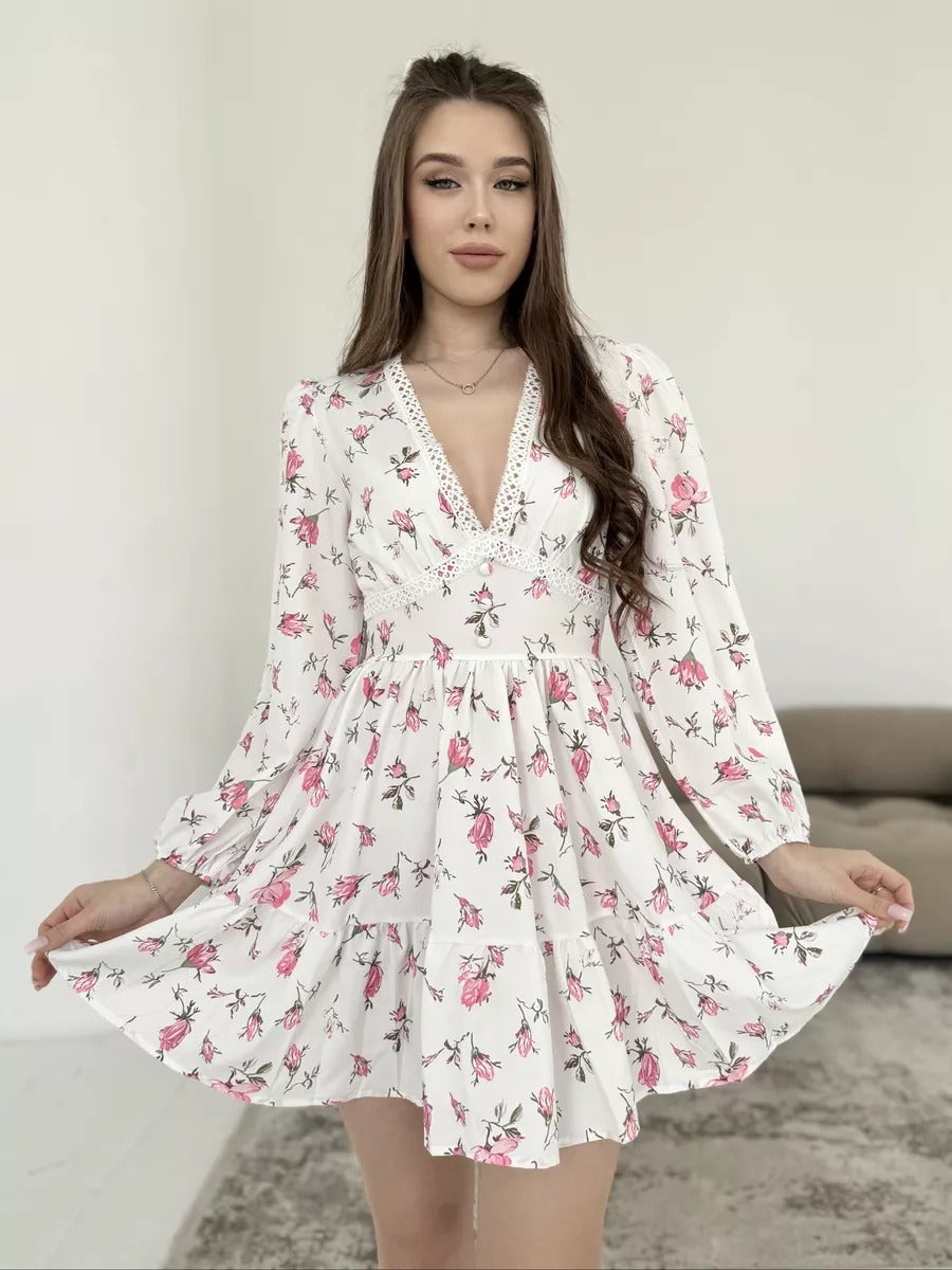 Printed V-neck Lace Short Dress