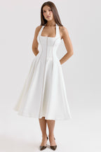 Ivory Sculpted Halter Midi Flare Dress