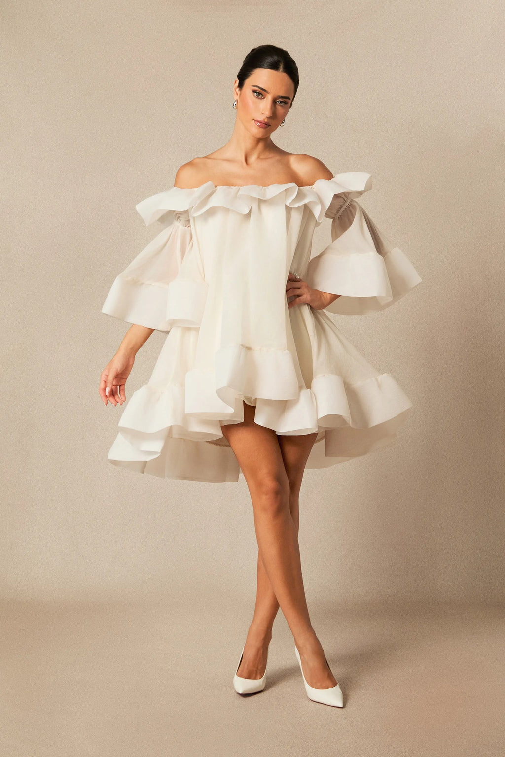 Ivory Ruffle Off-Shoulder Mini Dress