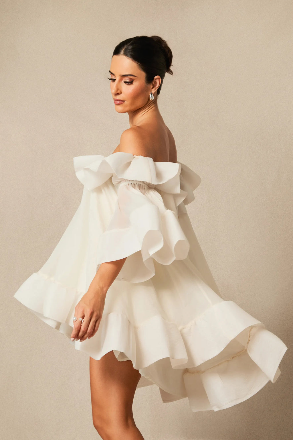 Ivory Ruffle Off-Shoulder Mini Dress