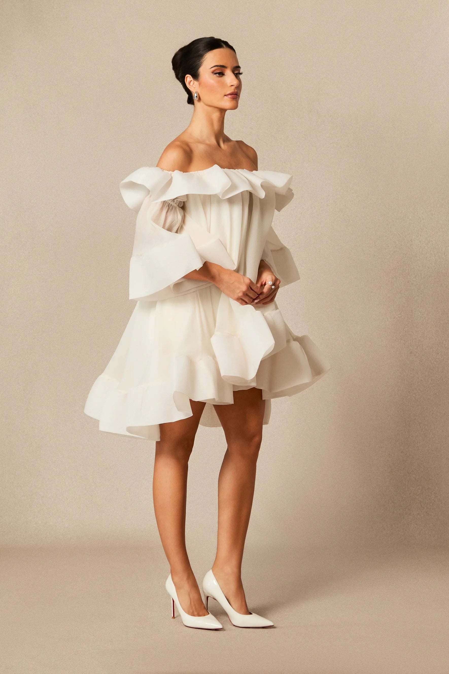 Ivory Ruffle Off-Shoulder Mini Dress