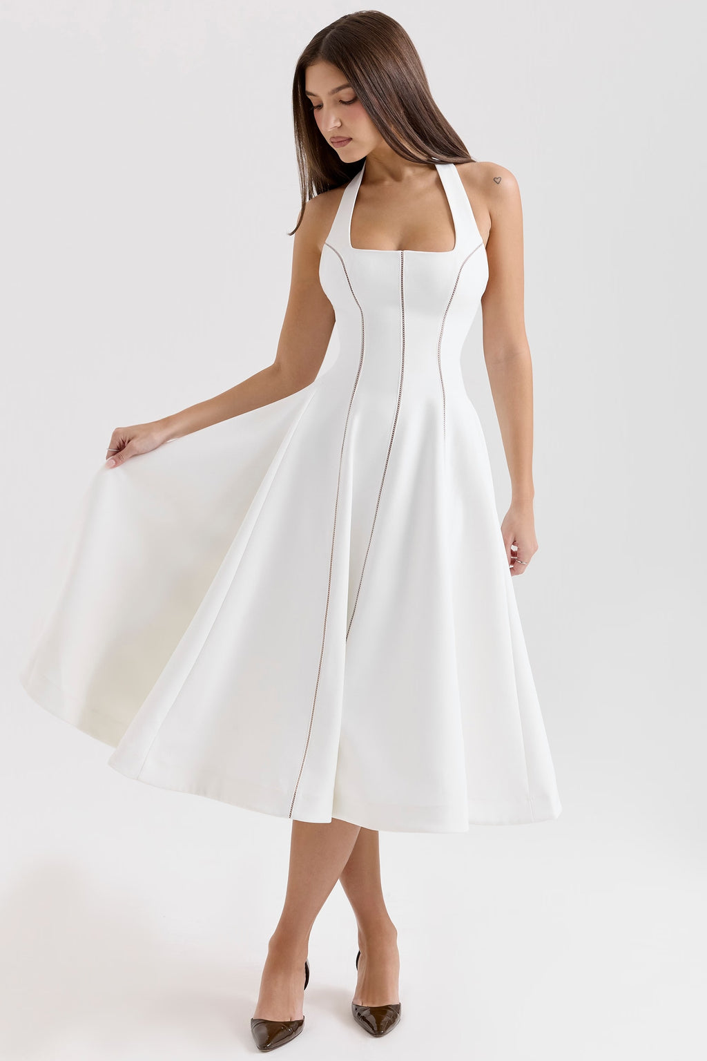 Ivory Sculpted Halter Midi Flare Dress