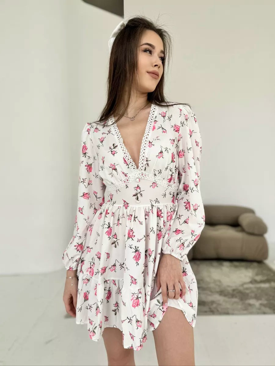 Printed V-neck Lace Short Dress