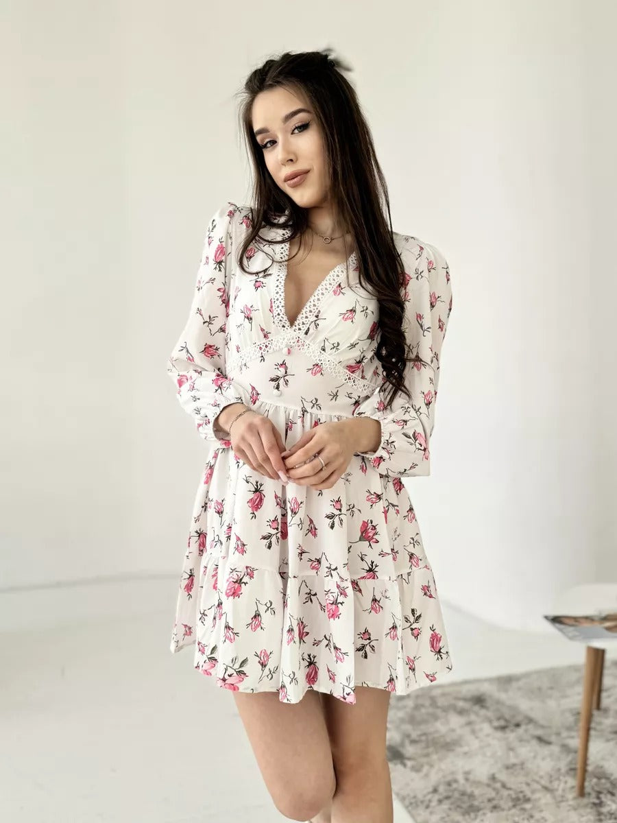 Printed V-neck Lace Short Dress