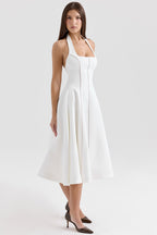 Ivory Sculpted Halter Midi Flare Dress